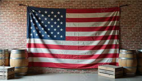Large American flag hanging on brick wall with wooden barrels