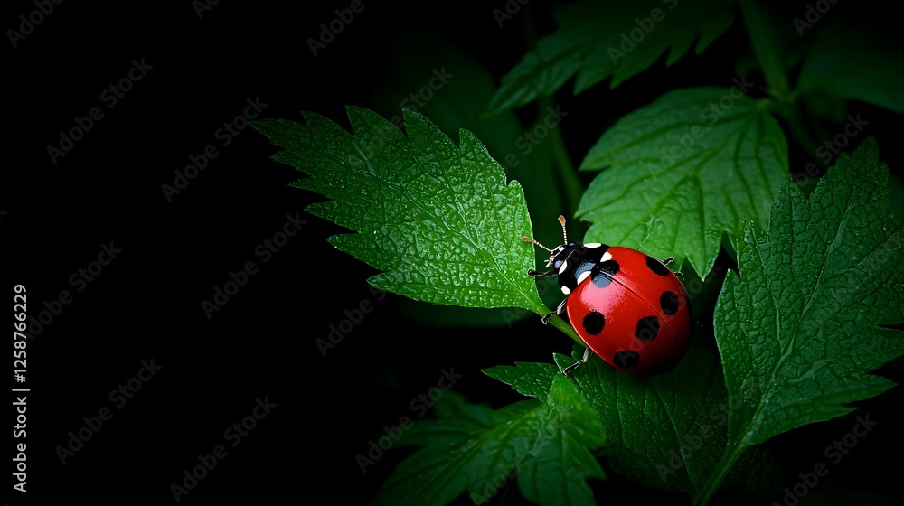 Fototapeta premium Red Ladybug on Dew-Covered Green Leaf