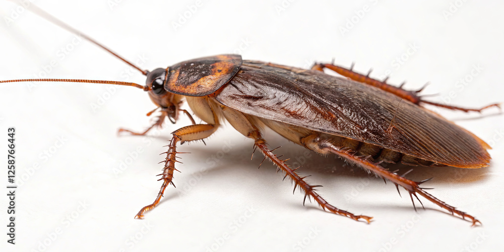 A detailed view of a cockroach highlighting its body structure, antennae, and legs on a light surface. The insect is depicted in a relaxed position A detailed view of a cockroach highlighting its body structure, antennae, and legs on a light surface. The insect is depicted in a relaxed position