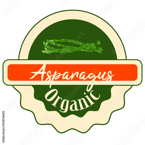Asparagus logo sticker. Classic label with green sparrow grass asparagus on green background. Ready design for packaging tag. Seasonal badge for your product.