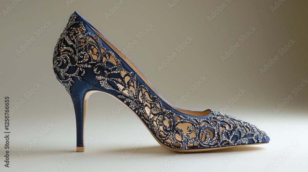 Elegant Navy Blue High Heel Shoe With Intricate Embellishments Elegant Navy Blue High Heel Shoe With Intricate Embellishments