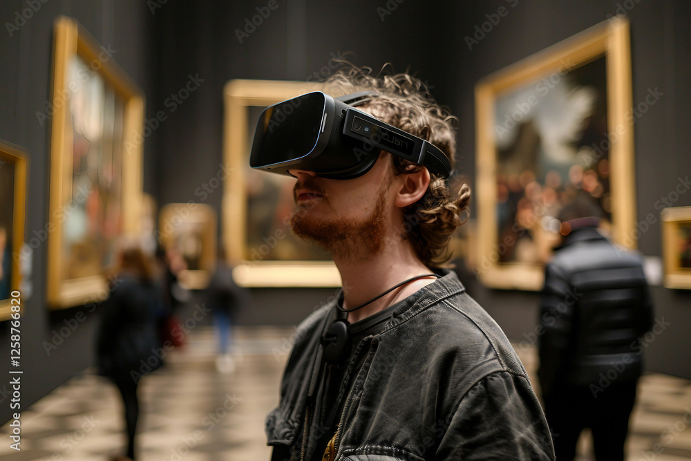 Futuristic Experience with vr goggles in Modern Art Gallery Museum, Generative AI