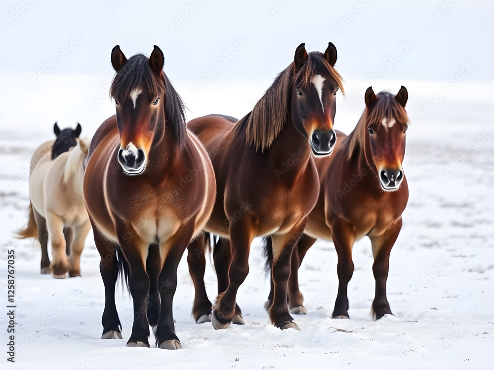 A group of Icelandic horses standing in a vast snowy field, their thick coats glistening in the soft winter light. A group of Icelandic horses standing in a vast snowy field, their thick coats glistening in the soft winter light.