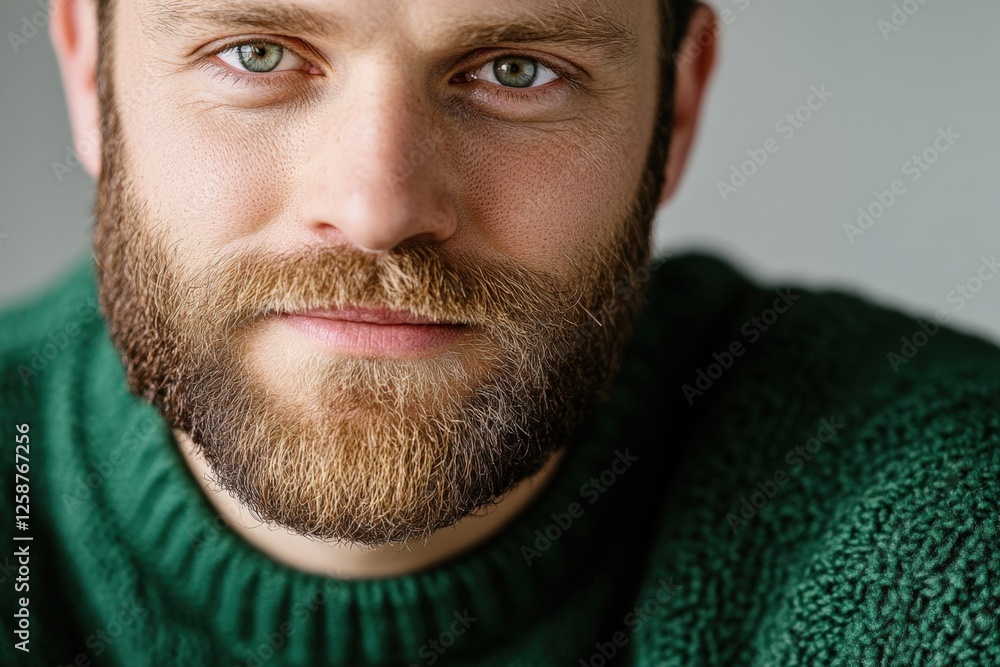 Obraz premium man with beard wearing green sweater looking at camera