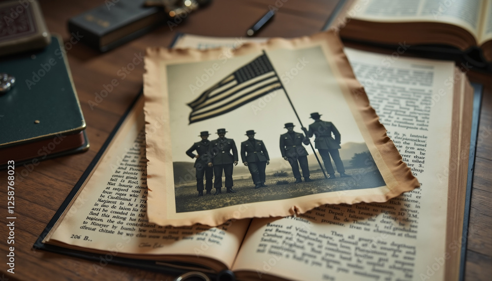 Obraz premium Vintage military photograph with American flag on aged paper