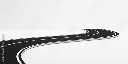 Curved black road with white lines on minimalist white background, representing journey, progress, direction, future opportunities, and conceptual business success path illustration