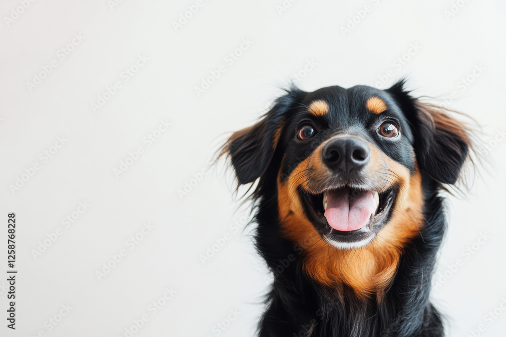 Fototapeta premium A funny and cheerful dog of black and red color, highlighted on a white background. Care concept, animal life, health, exhibition. Isolated. Copy space for ad