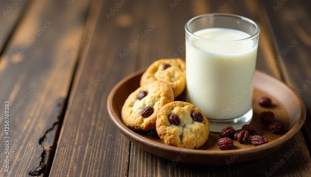 Milk and raisin cookies on rustic wooden tray, comfort, old, flatlay Milk and raisin cookies on rustic wooden tray, comfort, old, flatlay