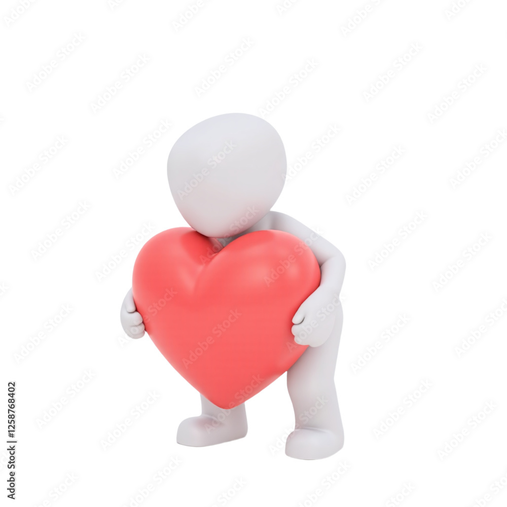 A cute 3D character holding a large red heart.