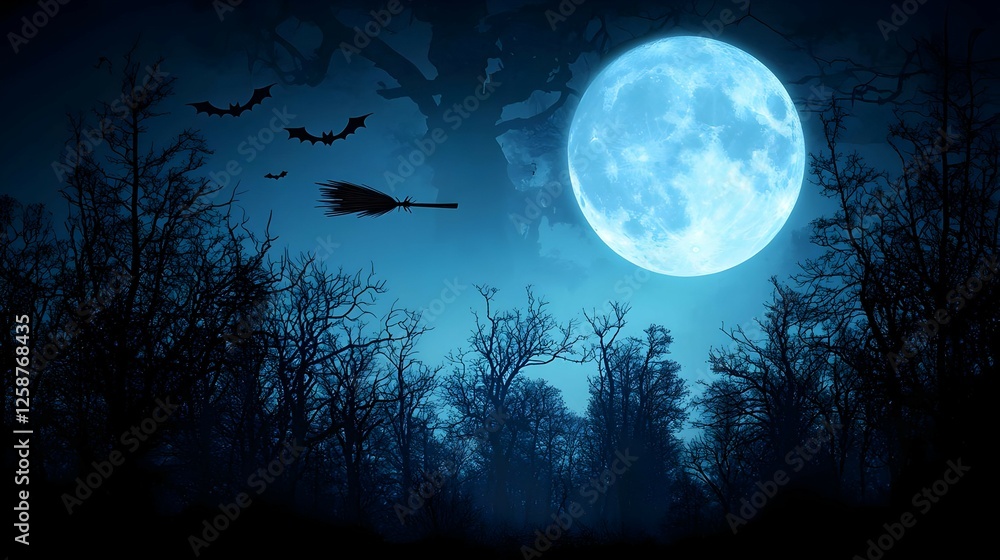 Dark Blue Night Sky with Full Moon, Silhouetted Trees, and Flying Witch Dark Blue Night Sky with Full Moon, Silhouetted Trees, and Flying Witch