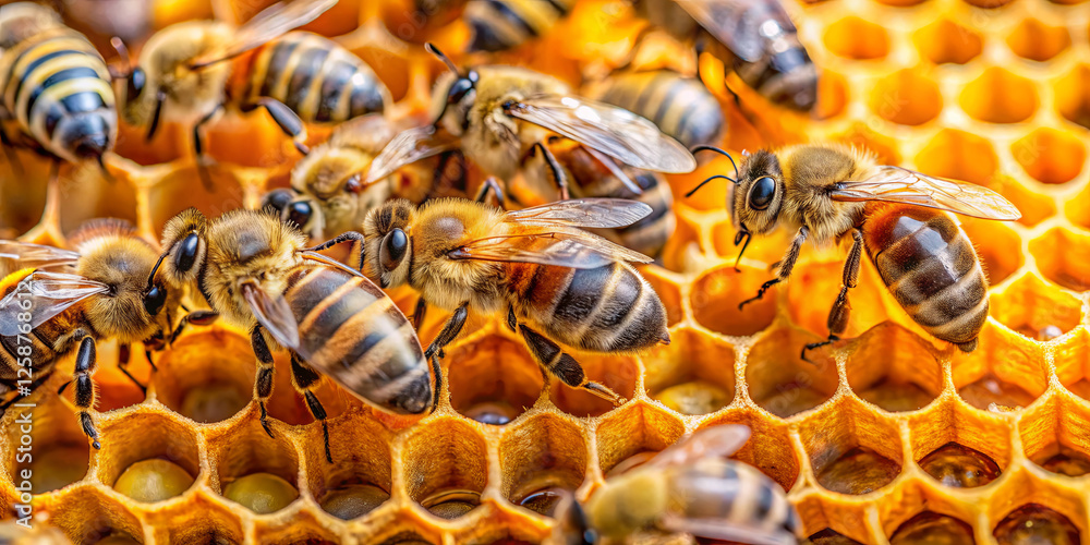 Bees are actively working together within their hive, surrounded by hexagonal honeycomb. The warm sunlight enhances their busy environment, supporting honey production Bees are actively working together within their hive, surrounded by hexagonal honeycomb. The warm sunlight enhances their busy environment, supporting honey production