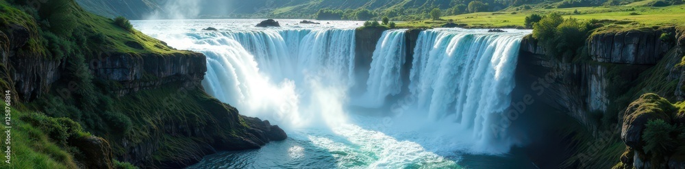 Steep cliff's waterfall plunges into frothy river below ,  mountain,  turbulent, waterfall