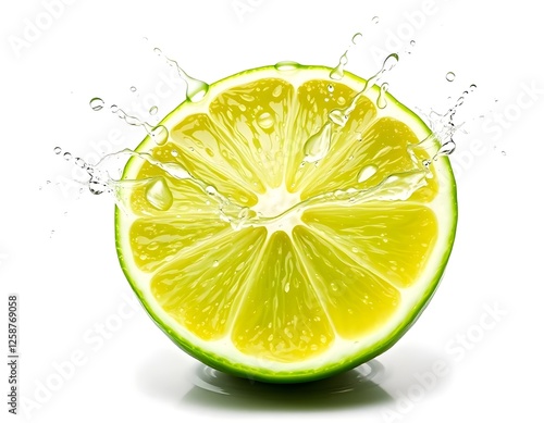 Fresh Lime Wedge with Water Droplets and Splashes, Isolated on White Background