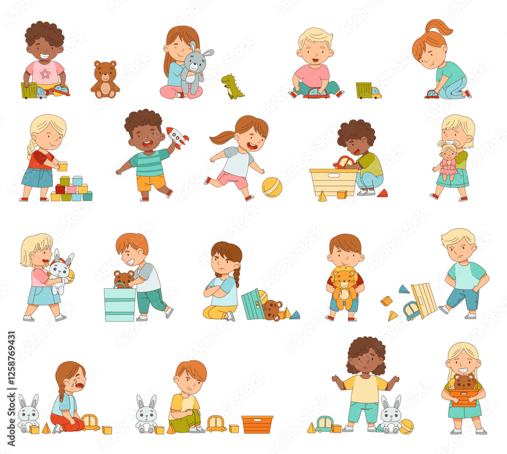 Little Kids Playing Toy in Nursery or Playroom Vector Set Little Kids Playing Toy in Nursery or Playroom Vector Set