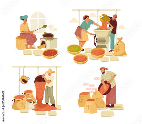 Coffee Making Industry with Man and Woman Engaged in Production Process Vector Set