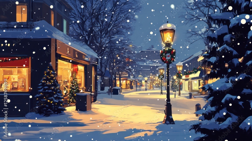 Obraz premium Snowy Christmas street scene with illuminated shops and lamppost.