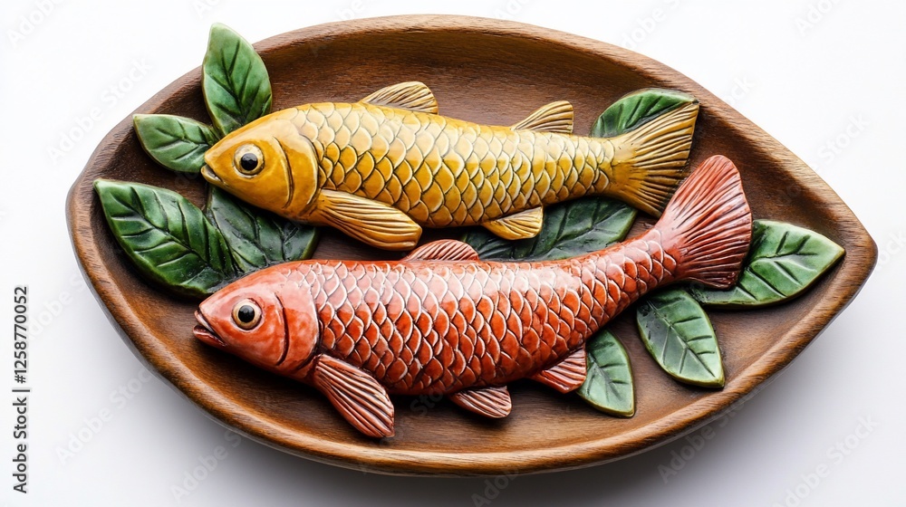 Fototapeta premium Two carved wooden fish on a decorative plate.
