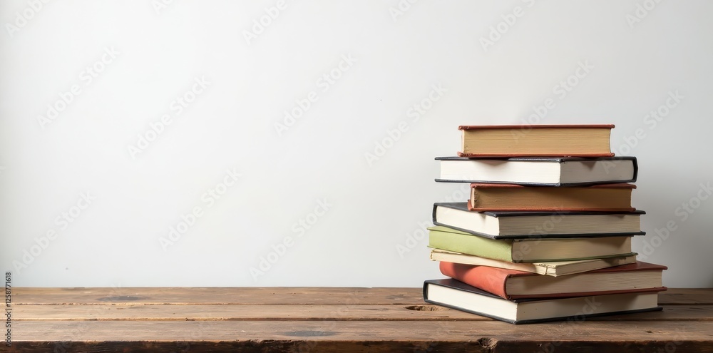 Several stacks of books on rustic wooden table, blank whiteboard backdrop, old, element, rustic Several stacks of books on rustic wooden table, blank whiteboard backdrop, old, element, rustic
