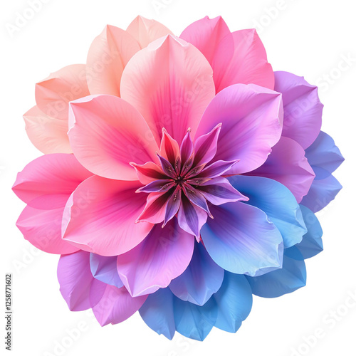 Close-up of a vibrant, pastel-colored flower with pink, purple, and blue petals, isolated on a cut out background.