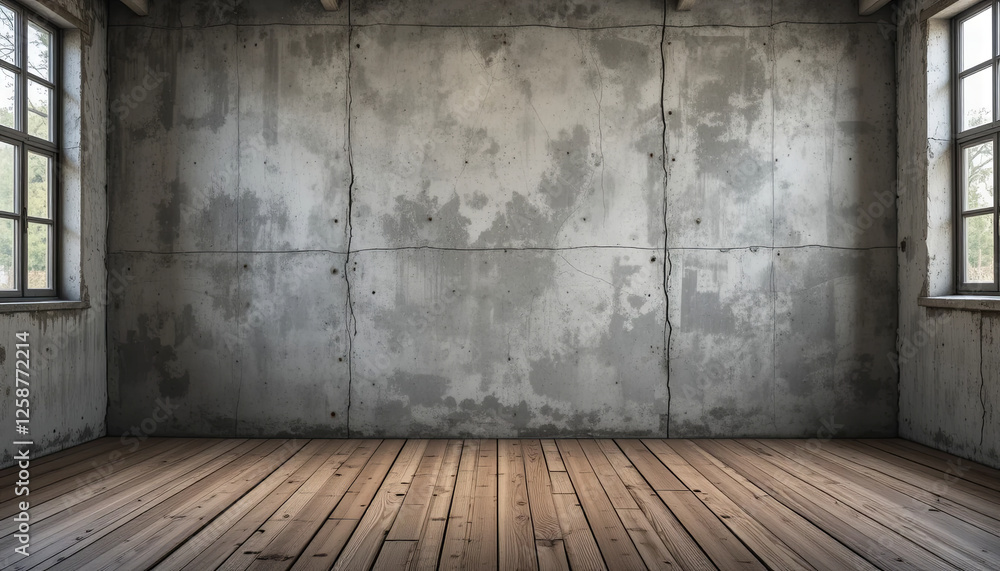 The room features unfinished concrete walls with visible textures and cracks, complemented by a wooden floor. Sunlight streams through large windows, enhancing the rustic ambiance