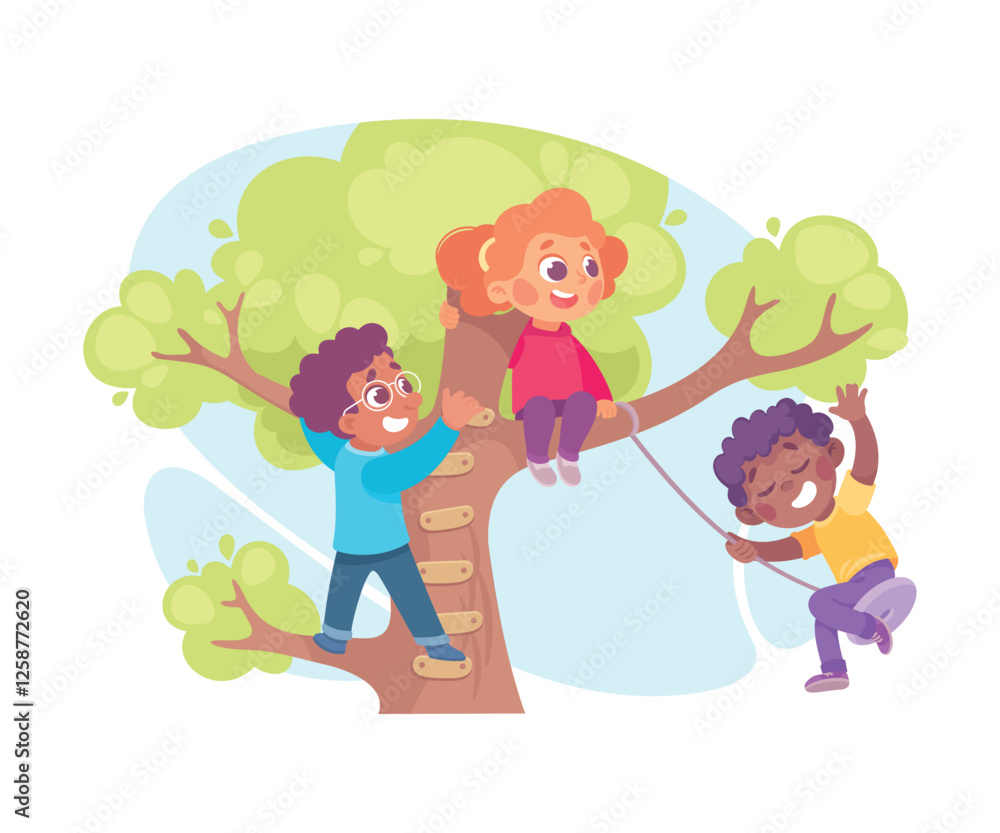 Kid Play on Tree in the Yard Vector Illustration