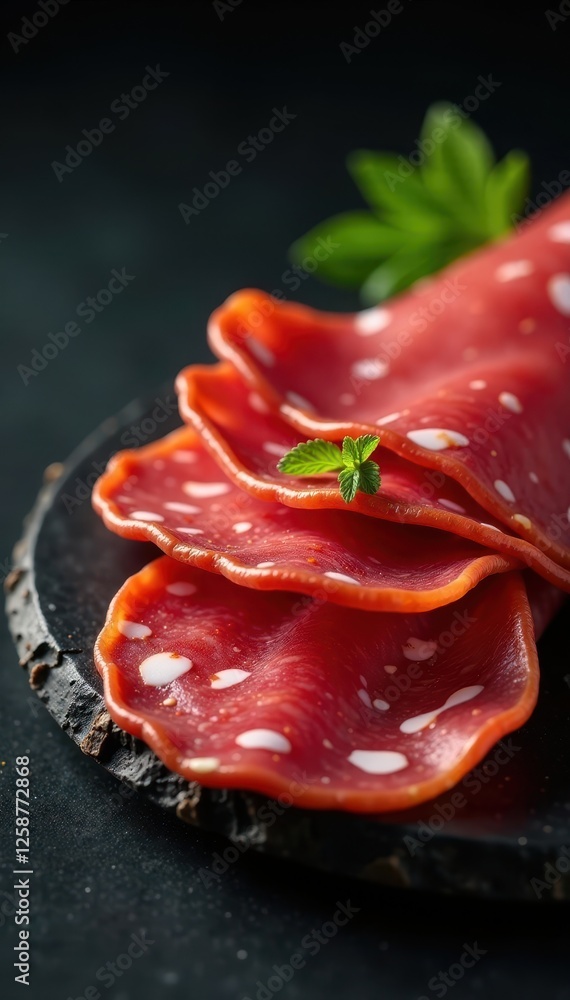 Slices of salami and prosciutto on dark background, vibrant colors, cured meat, food Slices of salami and prosciutto on dark background, vibrant colors, cured meat, food