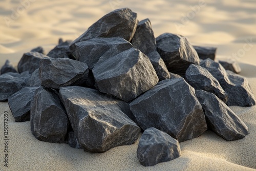 Smooth black rocks with unique textures on lanzarote s dunes against a stunning natural landscape photo