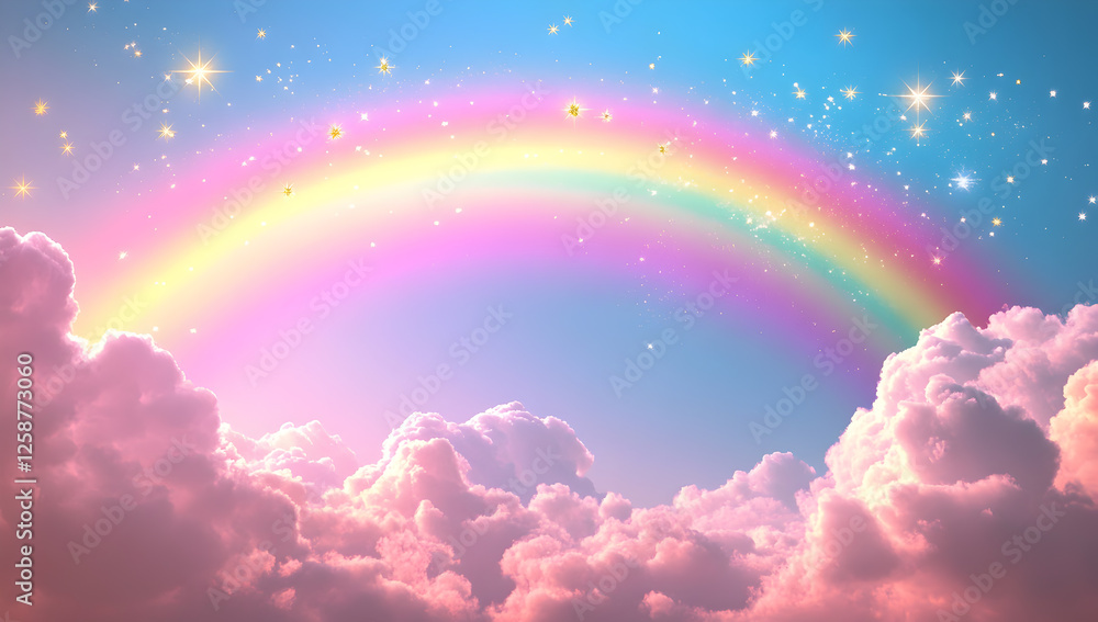 Dreamy pastel rainbow sky with glowing stars and pink fluffy clouds creating a celestial fantasy background, ideal for magical landscapes, fairytale scenes, and aesthetic design elements Dreamy pastel rainbow sky with glowing stars and pink fluffy clouds creating a celestial fantasy background, ideal for magical landscapes, fairytale scenes, and aesthetic design elements