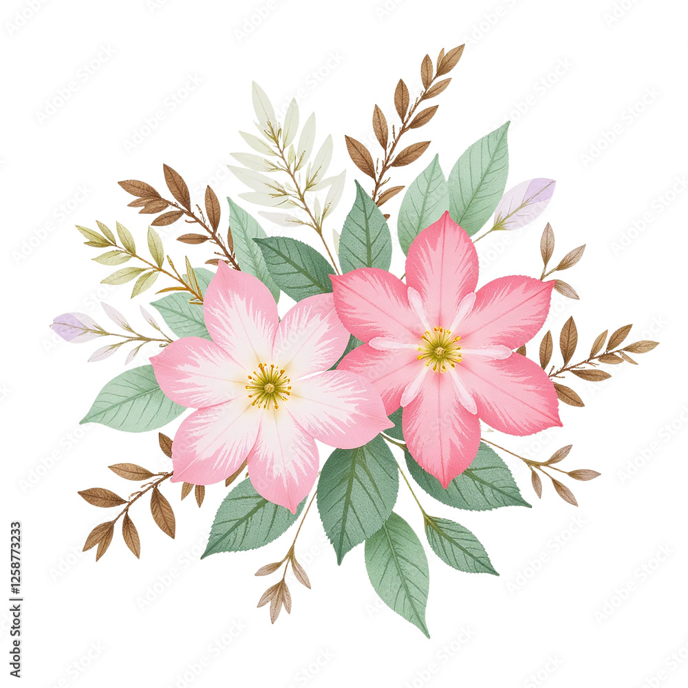 Obraz premium Watercolor painting of a delicate pink floral bouquet with green and brown leaves.