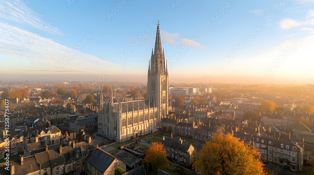 Naklejka premium Aerial View Of Historic Church Tower Over Cityscape During Sunrise