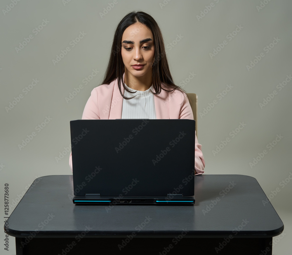 Professional woman working on a laptop at her desk Professional woman working on a laptop at her desk
