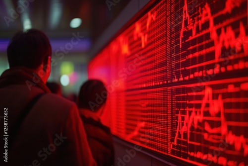 Economic crisis - Red stock market price board chart showing economic crisis of world stock. Bad economy and negative price down stock market situation. Traders are panic and selling their stock.
