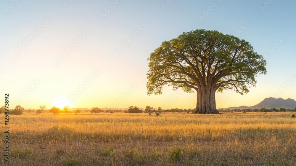 Sunrise Over Baobab Tree In African Savanna Sunrise Over Baobab Tree In African Savanna