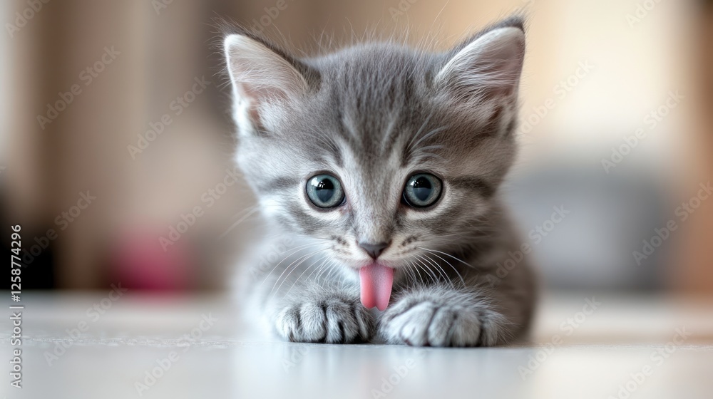 Adorable Grey Kitten Cleaning Its Paws With Tongue Out Adorable Grey Kitten Cleaning Its Paws With Tongue Out