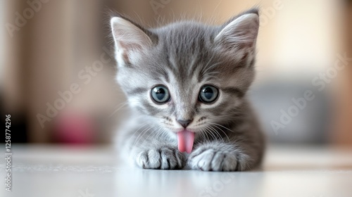 Adorable Grey Kitten Cleaning Its Paws With Tongue Out photo