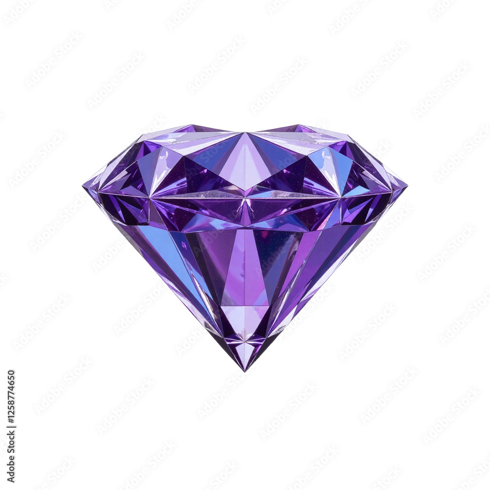 Close-up of a large, brilliant-cut purple diamond against a cut out background. Close-up of a large, brilliant-cut purple diamond against a cut out background.