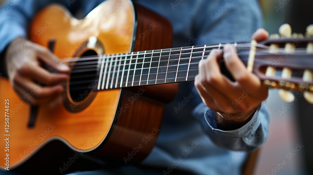 Obraz premium Musician plays acoustic guitar in a lively urban park during a sunny afternoon