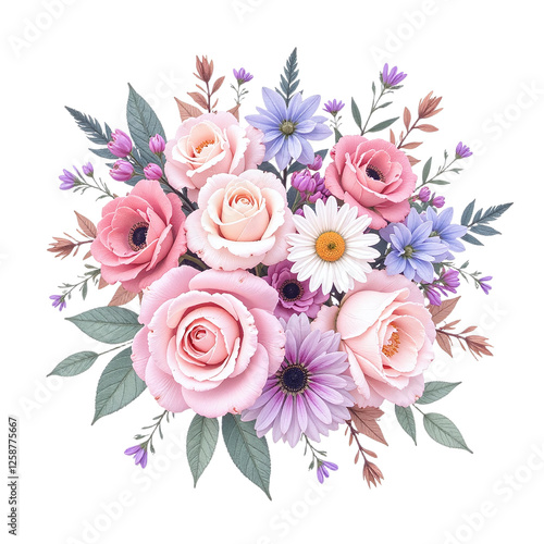 A digital illustration of a pastel pink and purple flower bouquet, featuring roses, daisies and other blooms. Cut out on a black background.