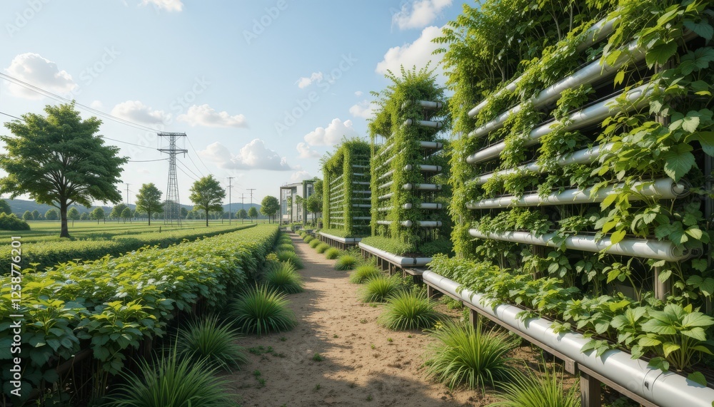 Fototapeta premium Lush Green Vertical Garden Pathway on a Sunny Day with Blue Sky and Fluffy Clouds