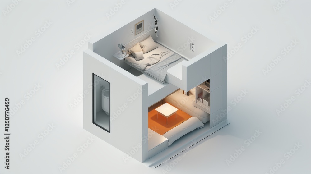 A futuristic compact apartment showcasing a multi-level interior with efficient design, including living, sleeping, and functional areas in a modern space. AI generated. A futuristic compact apartment showcasing a multi-level interior with efficient design, including living, sleeping, and functional areas in a modern space. AI generated.