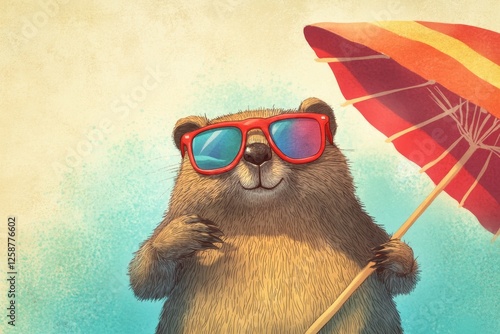 Beach scene with cartoon beaver holding umbrella and sun-reflecting goggles