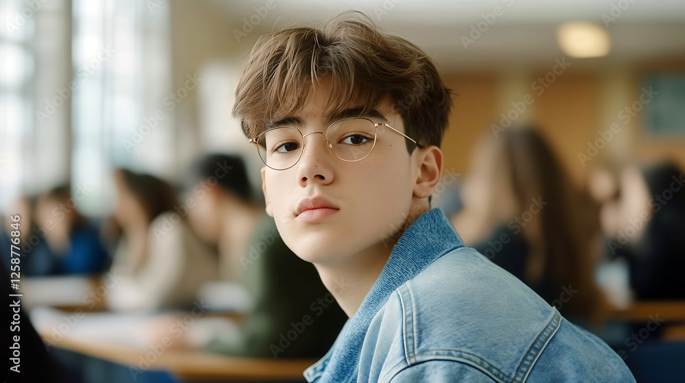 Handsome Korean high school student in a denim jacket posing in a classroom Handsome Korean high school student in a denim jacket posing in a classroom