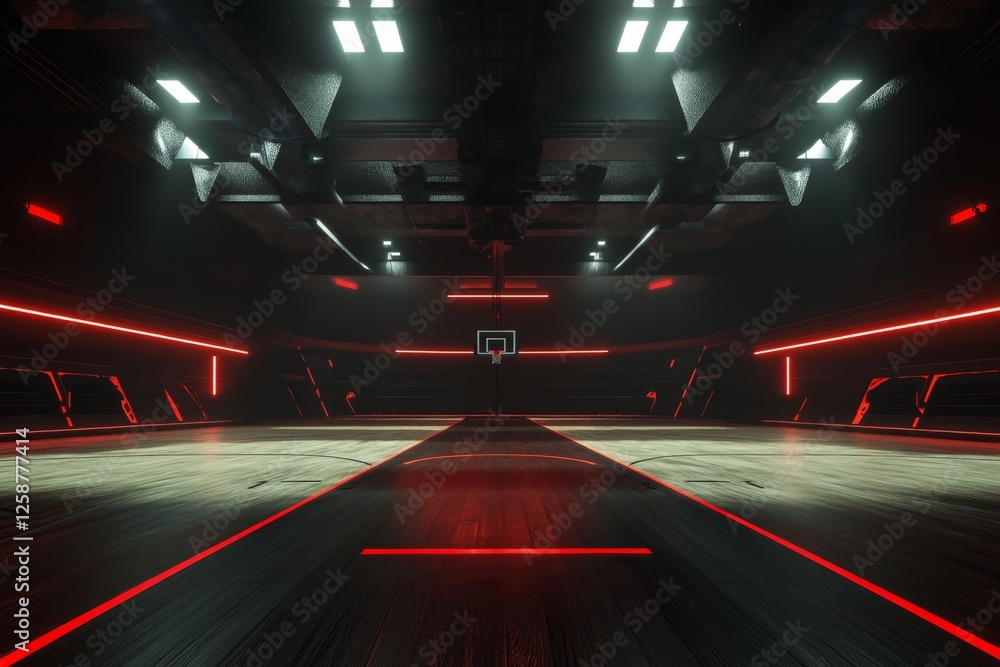 Fototapeta premium Futuristic Basketball Court, Red Neon Lights, Night Game, Empty