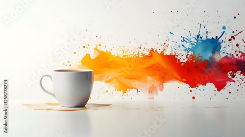 A contemporary art collage of a coffee cup on a bright white background, with splashes of vibrant paint, professional product photography with soft lighting, high detail, minimalist composition