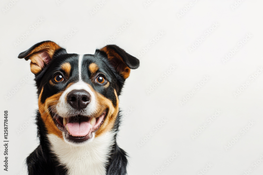 Funny and cheerful black-white-red dog looking at the camera, highlighted on a white background. Care concept, animal life, health, exhibition. Isolated. Copy space for ad Funny and cheerful black-white-red dog looking at the camera, highlighted on a white background. Care concept, animal life, health, exhibition. Isolated. Copy space for ad