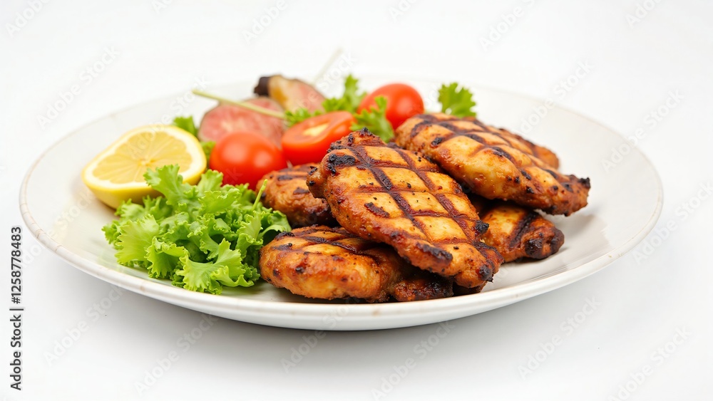 Grilled Chicken Breast with Lemon and Vegetables on a White Plate Grilled Chicken Breast with Lemon and Vegetables on a White Plate
