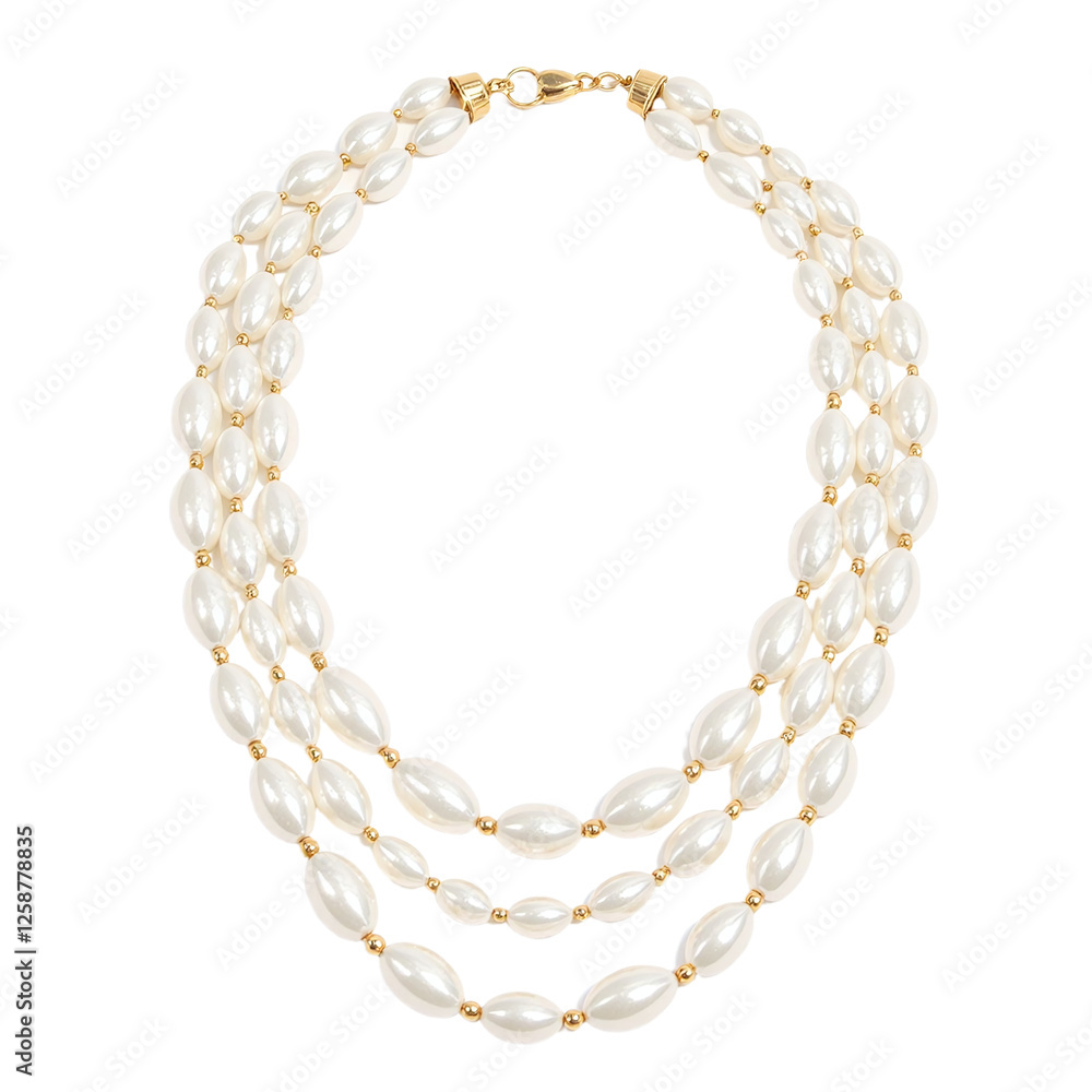 Obraz premium Three-strand pearl necklace with gold beads and clasp. Cut out image.