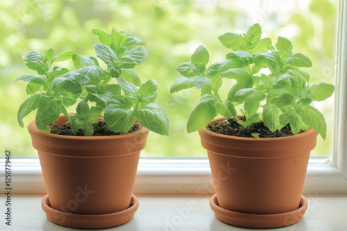 Wallpaper Mural Fresh basil plants in terracotta pots on windowsill for home gardening and culinary uses vibrant green leaves Torontodigital.ca