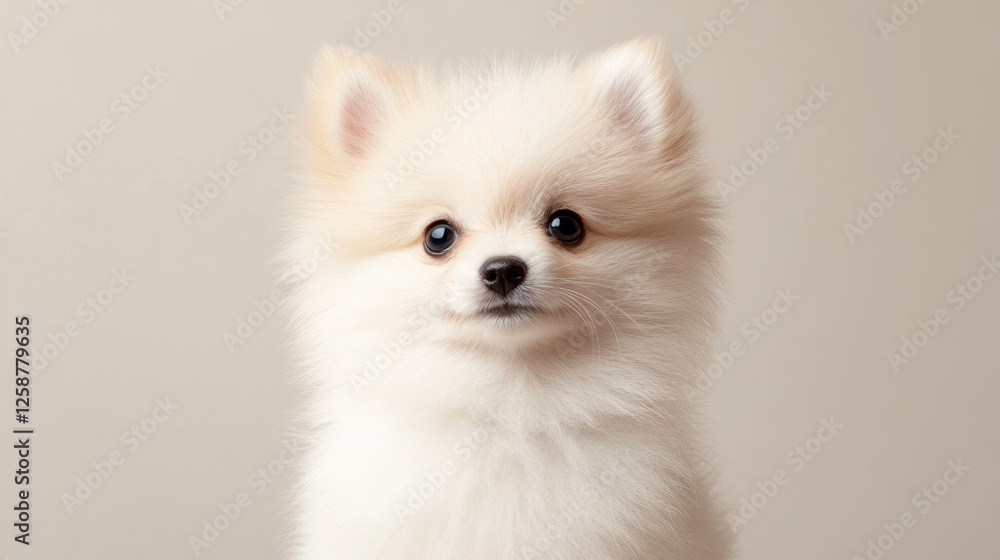 Fluffy white Pomeranian puppy portrait with curious expression on neutral background showcasing adorable canine features Fluffy white Pomeranian puppy portrait with curious expression on neutral background showcasing adorable canine features