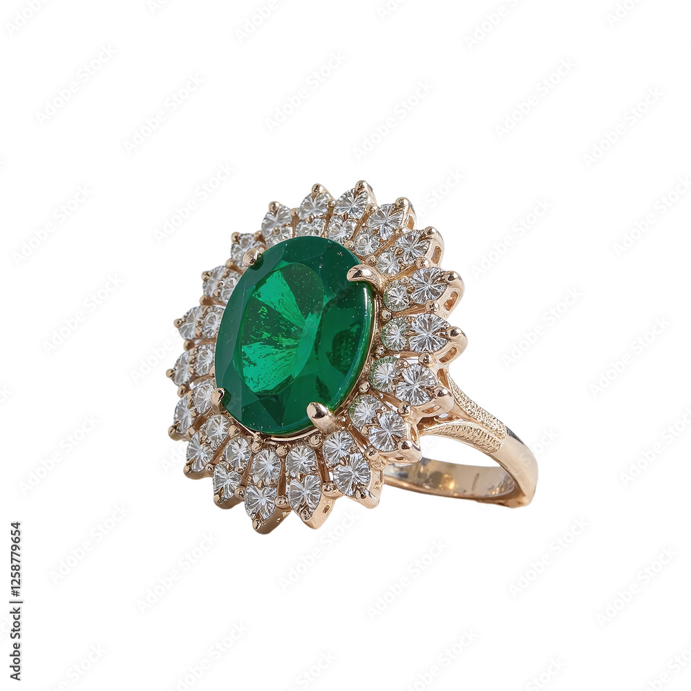 Close-up of a gold ring with a large emerald and diamond accents. Close-up of a gold ring with a large emerald and diamond accents.
